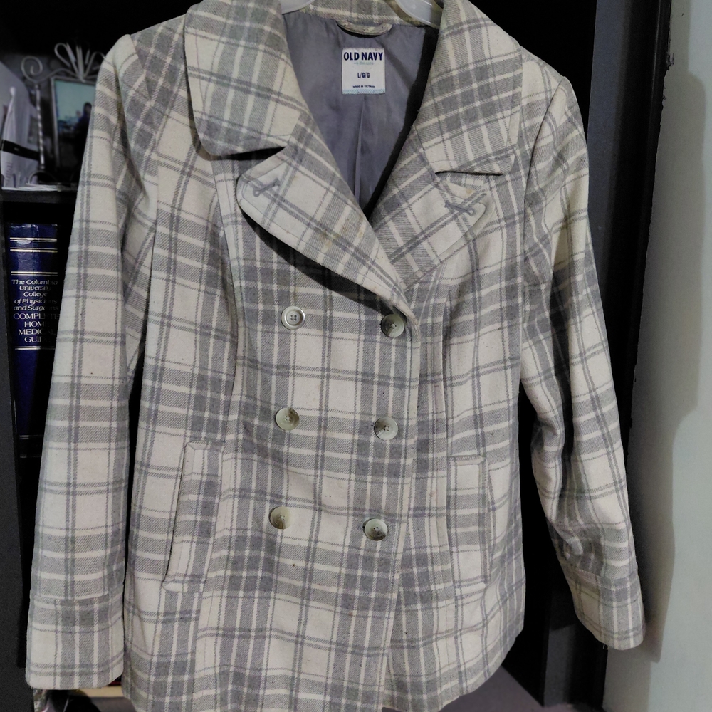 Old Navy Women's Pea Coat - Gray and Cream Plaid